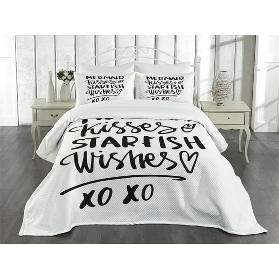 Ambesonne Xo Quilted Bedspread Set 3 Pcs, Mermaid Kiss Starfish Words, King Size, Black and White