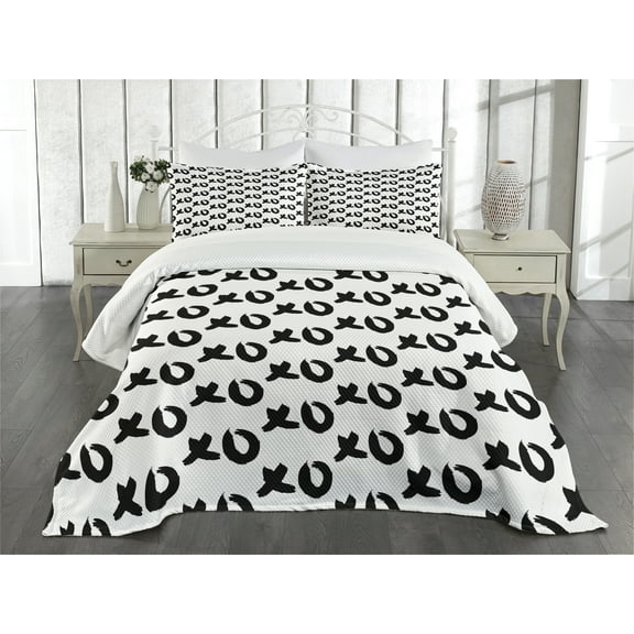 Ambesonne Xo Quilted Bedspread Set 3 Pcs, Paintbrush Words Art, Queen Size, Black and White