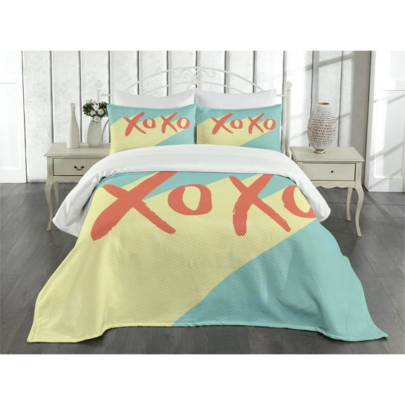 Ambesonne Xo Quilted Bedspread Set 3 Pcs, Pop Art Style Retro Vibrant, King Size, Dark Coral Turquoise