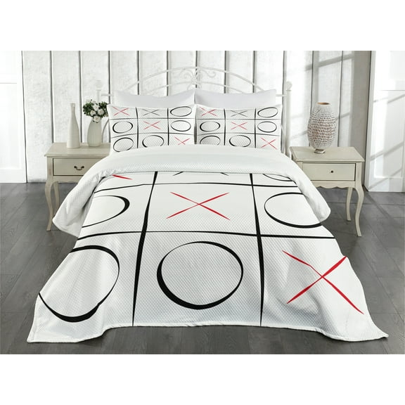 Ambesonne Xo Quilted Bedspread Set 3 Pcs, Simplistic Game Pattern, King Size, Vermilion Black White