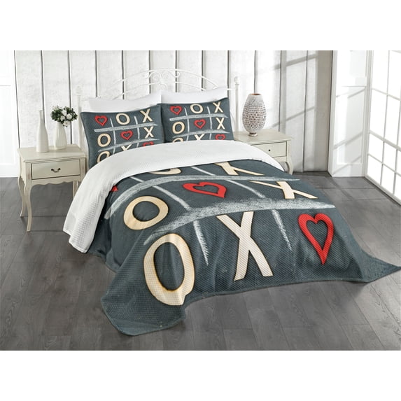 Ambesonne Xo Quilted Bedspread Set 3 Pcs, Vintage Style Chalk Written, King Size, Blue Grey Red Cream