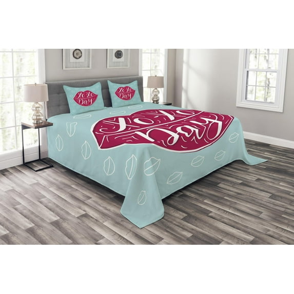 Ambesonne Xo Quilted Bedspread Set 3 Pcs, Woman Lips and Phrase Kisses, Queen Size, Dark Coral and Seafoam