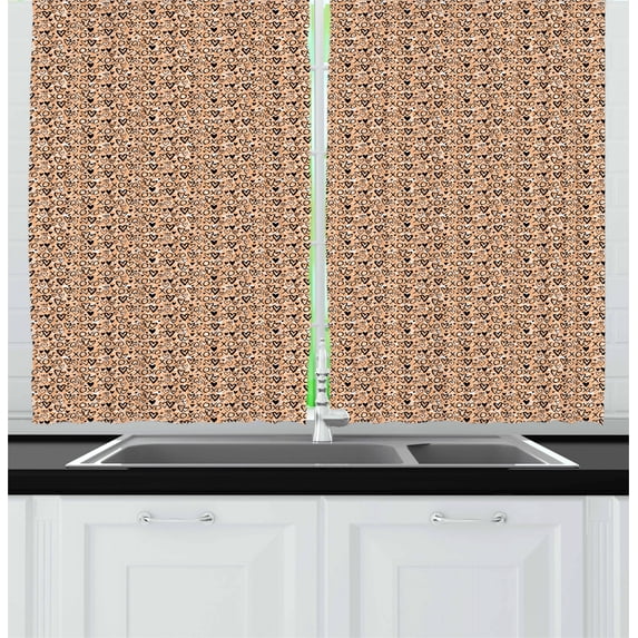 Ambesonne Xoxo Kitchen Curtains, Doodle Heart Shapes Xoxo, 55"x45", Peach Black and White