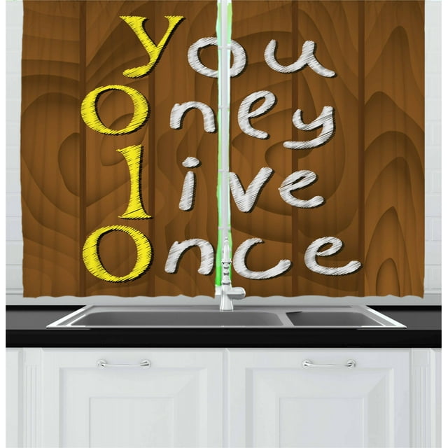 Ambesonne YOLO Kitchen Curtains, Wooden Rustic Board Words, 55"x39", Brown Yellow and White