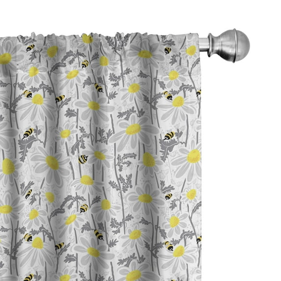 Ambesonne Yellow Window Curtains, Bees Chamomile Meadow, Each 28" W x 84" L, Grey Yellow White