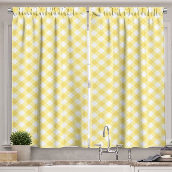 Ambesonne Yellow Abstract Kitchen Curtains, Pastel Gingham Grid, 55"x30", Cream and White