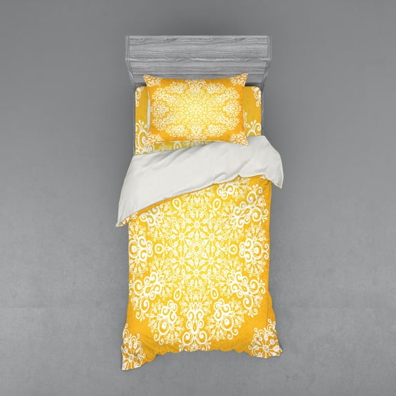 Ambesonne Yellow Bedding Set 3 Pcs, Floral Snowflakes, Twin XL, Yellow and White