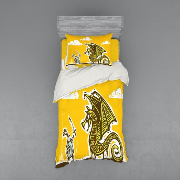 Ambesonne Yellow Bedding Set 3 Pcs, Knight with Dragon, Twin XL, Yellow