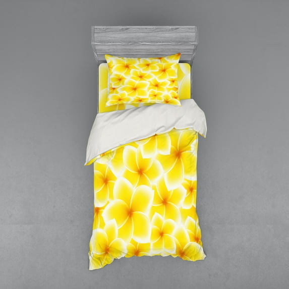 Ambesonne Yellow Bedding Set 3 Pcs, Plumeria Flower Blossoms, Twin XL, Yellow and White