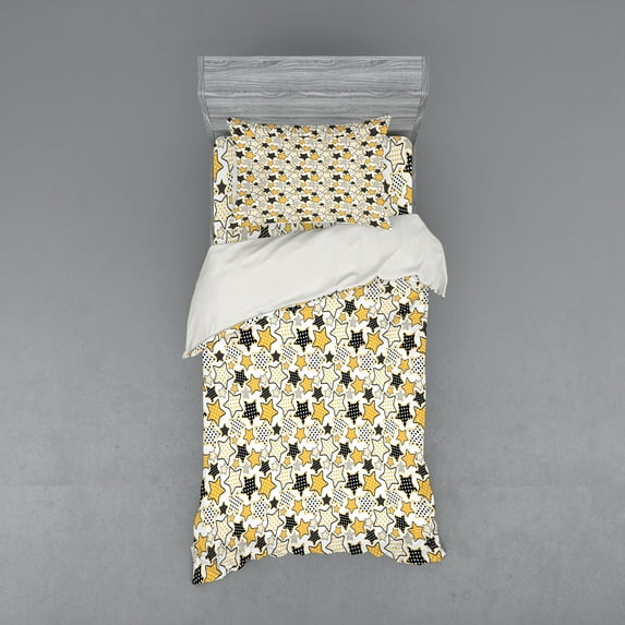 Ambesonne Yellow Bedding Set 3 Pcs, Retro Polka Dotted Stars, Twin XL, Marigold Black White