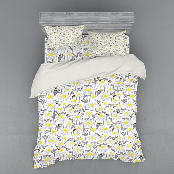 Ambesonne Yellow Bedding Set 4 Pcs, Bees Chamomile Meadow, Queen, Grey Yellow White