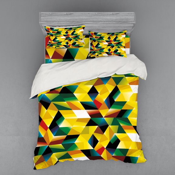 Ambesonne Yellow Bedding Set 4 Pcs, Geometric Green, Queen, Yellow Dark Green