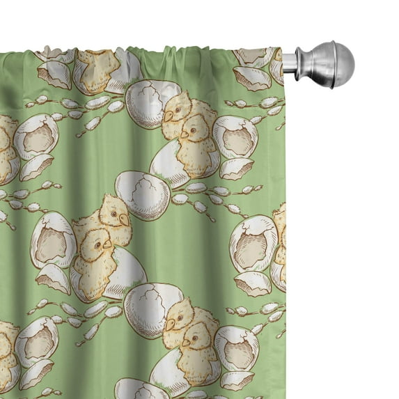 Ambesonne Yellow Bird Window Curtains, Little Chickens, Each 28" W x 84" L, Green Champagne