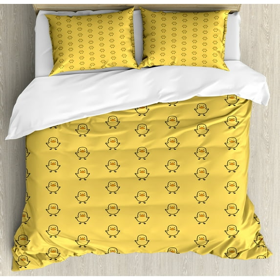 Ambesonne Yellow Bird Duvet Cover Set, Simplistic Ducks, King, Mustard Apricot