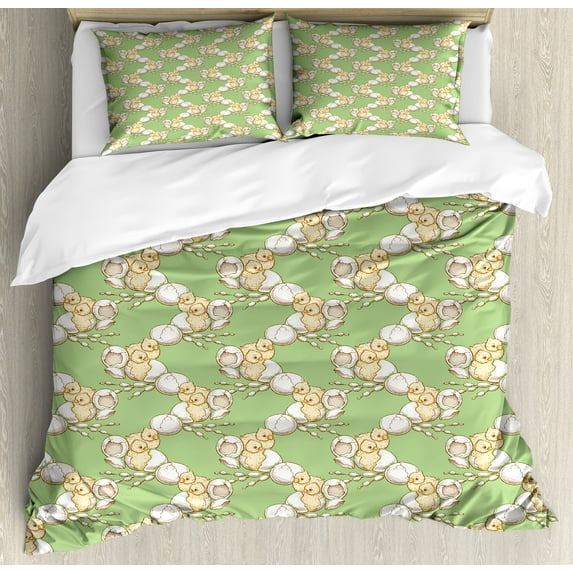 Ambesonne Yellow Bird Duvet Cover Sets, Little Chickens, 2-King, Green Champagne