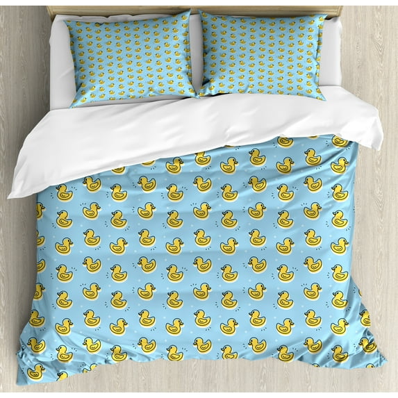Ambesonne Yellow Bird Duvet Cover Sets, Rubber Duck Pattern, 2-Queen, Pale Sky Blue Mustard