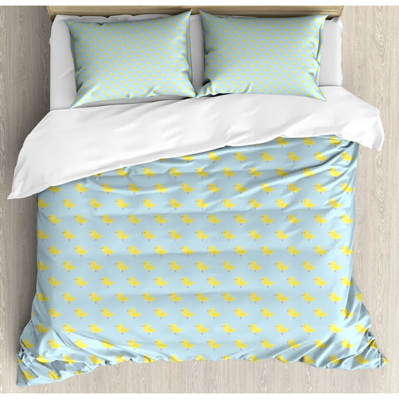 Ambesonne Yellow Bird Duvet Cover Sets, Simple Tiny Chickens, 2-King, Pale Blue Pastel Yellow