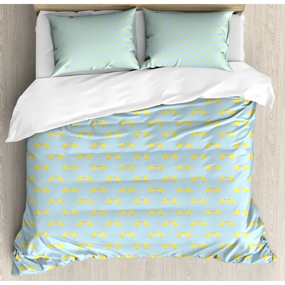 Ambesonne Yellow Bird Duvet Cover Sets, Tiny Chickens, 2-King, Pale Blue Pastel Yellow