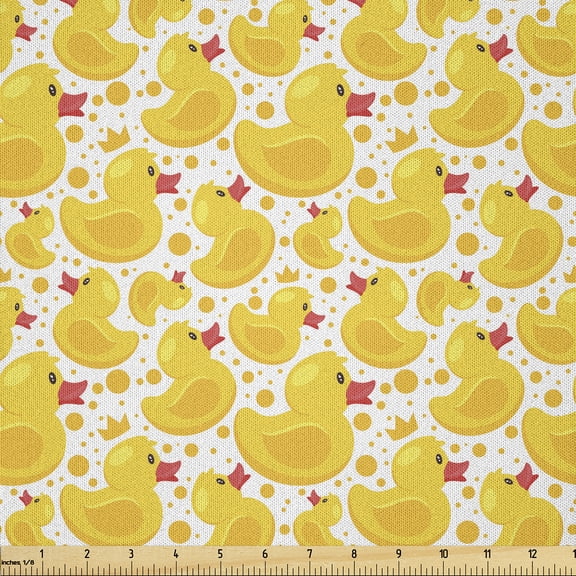 Ambesonne Yellow Bird Fabric by the Yard Microfiber, Ducks and Polka Dots, 1 Yard, Mustard Dark Coral
