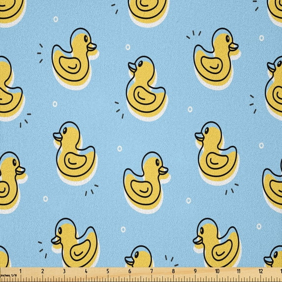 Ambesonne Yellow Bird Fabric by the Yard Microfiber, Rubber Duck Pattern, 10 Yards, Pale Sky Blue Mustard