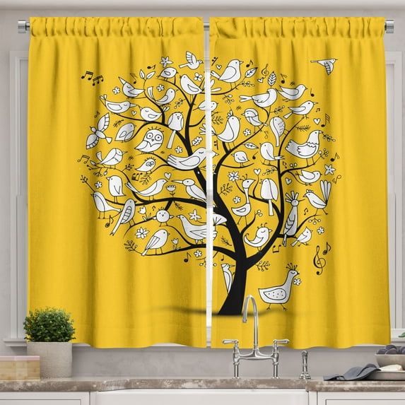 Ambesonne Yellow Bird Kitchen Curtains, Doodle Birds Branches, 55"x45", Earth Yellow White