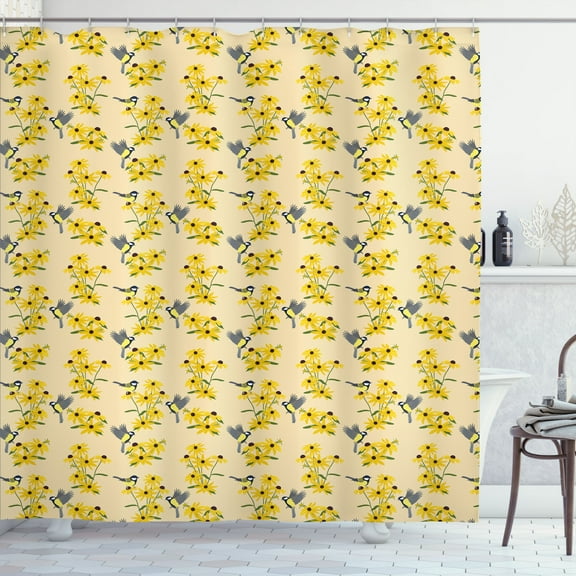 Ambesonne Yellow Bird Shower Curtain, Avian and Rudbeckia, 69"Wx70"L, Beige and Multicolor