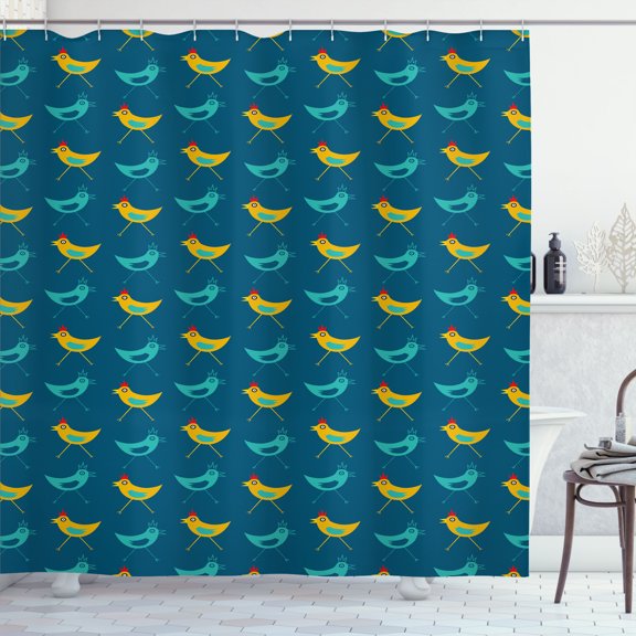 Ambesonne Yellow Bird Shower Curtain, Funny Abstract Chickens, 69"Wx70"L, Sea Blue Multicolor