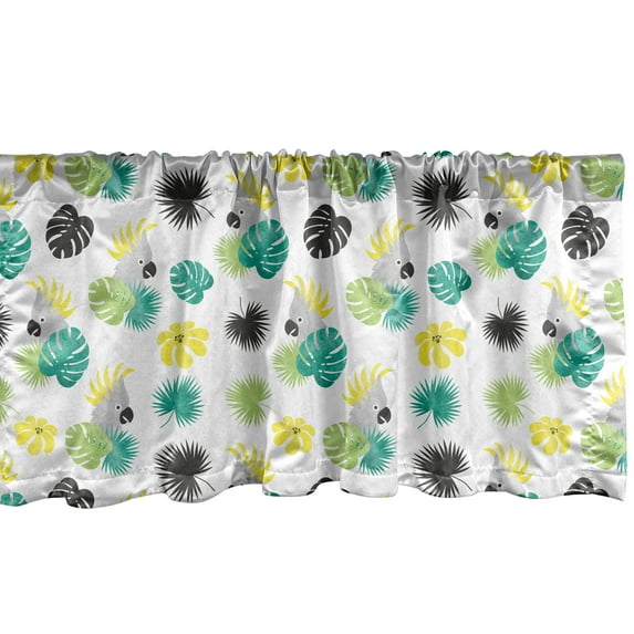 Ambesonne Yellow Bird Window Valance, Hawaii Aloha Inspired Pattern with Monstera Leaves Parrots and Flowers, Curtain Valance for Kitchen Bedroom Decor with Rod Pocket, 54" X 12", Multicolor