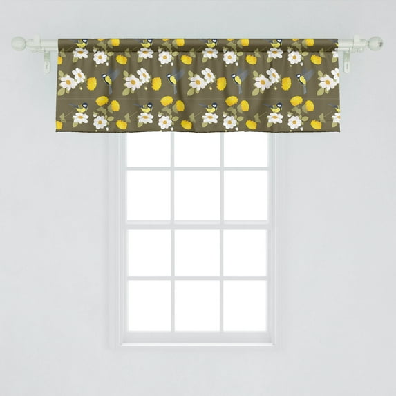 Ambesonne Yellow Bird Window Valance, Vintage Inspired Avian Pattern with Dahlias Chrysanthemum and Titmouse, Curtain Valance for Kitchen Bedroom Decor with Rod Pocket, 54" X 18", Fawn and Multicolor