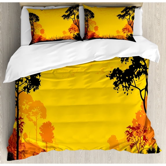 Ambesonne Yellow Black Duvet Cover Set, Woodland at Sunset, 2-Calking, Yellow Black