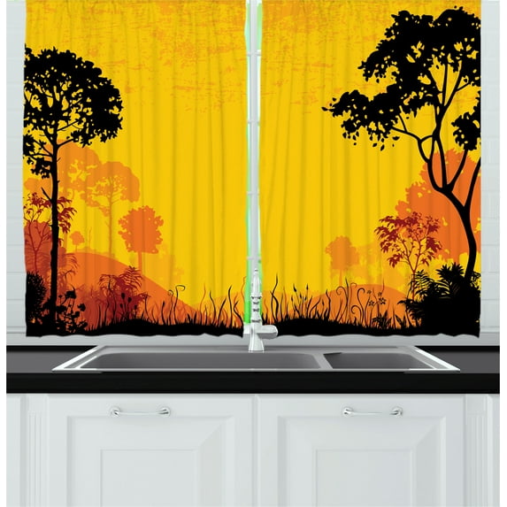 Ambesonne Yellow Black Kitchen Curtains, Woodland at Sunset, 55"x45", Yellow Black