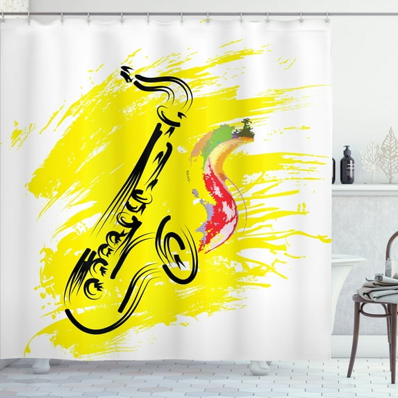 Ambesonne Yellow Black Shower Curtain, Jazz Saxophone, 69"Wx75"L, Yellow Black