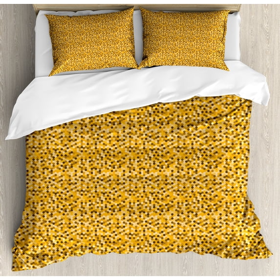 Ambesonne Yellow Brown Duvet Cover Set, Retro Style Hexagons, 2-Calking, Cocoa Brown