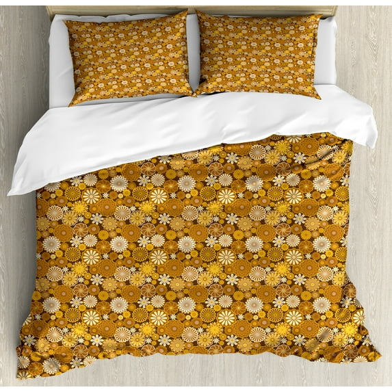 Ambesonne Yellow Brown Duvet Cover Sets, Round Retro Daisies, 2-Queen, Amber Dark Yellow