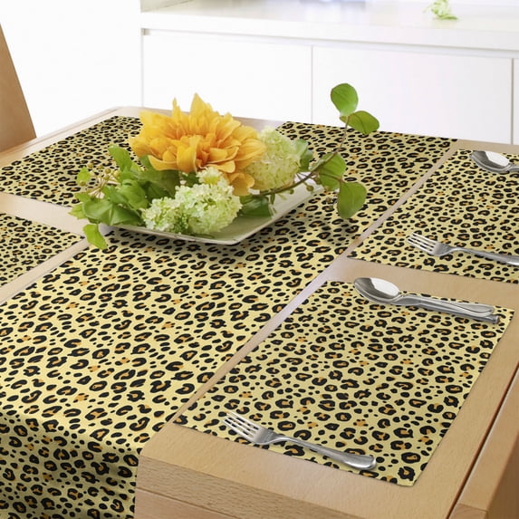 Ambesonne Yellow Brown Table Runner & Placemats, Leopard Animal Print, Placemat 4 pcs + Runner 12"x90", Pastel Yellow Dark Mauve