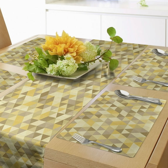 Ambesonne Yellow Brown Table Runner & Placemats, Monotone Triangles, Placemat 4 pcs + Runner 16"x90", Coffee Yellow