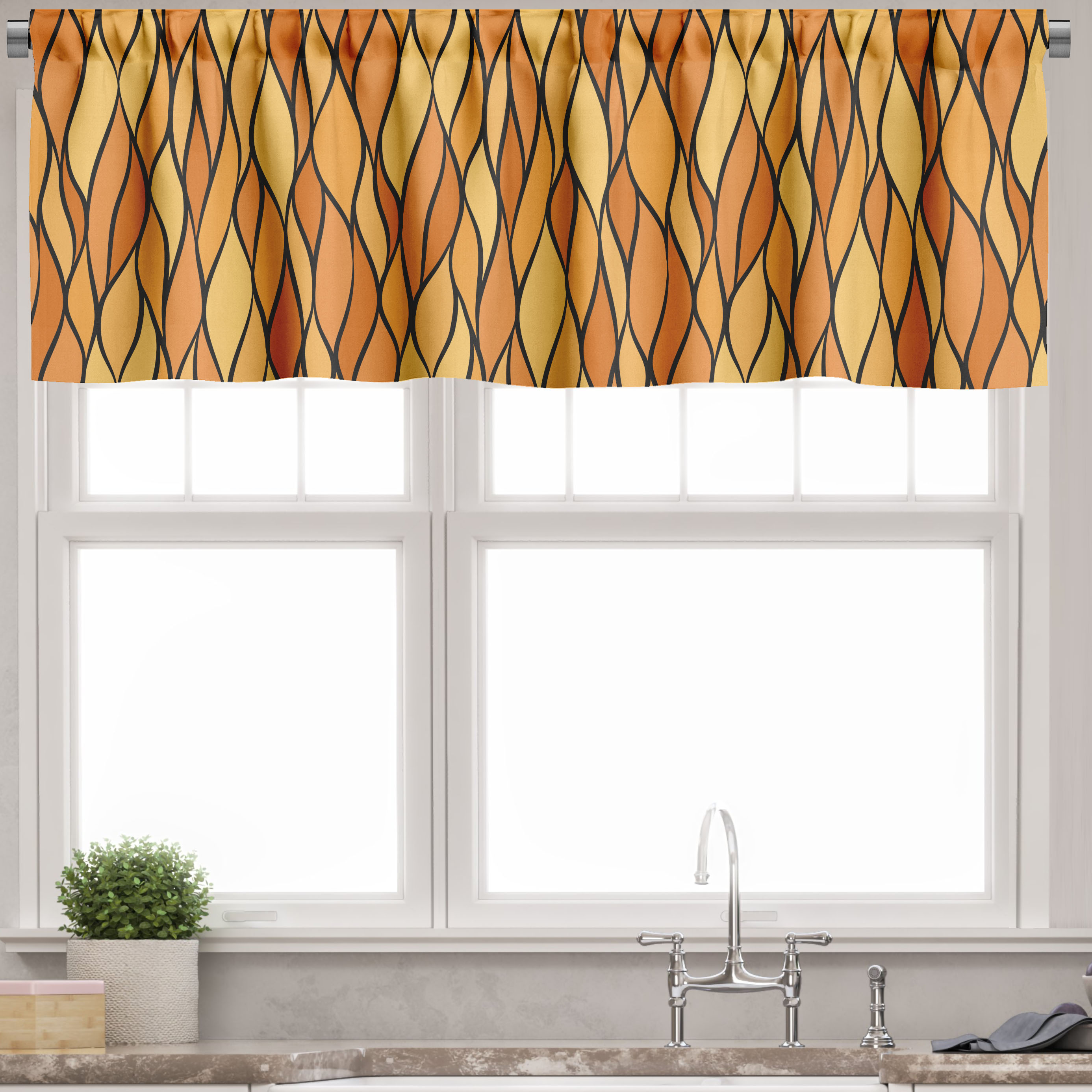 Ambesonne Yellow Brown Window Valance, Abstract Mosaic Waves, 54" X 18