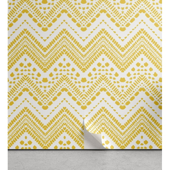Ambesonne Yellow Chevron Peel & Stick Wallpaper for Home, Colorful Folk Zigzag, 13"x36", Mustard White