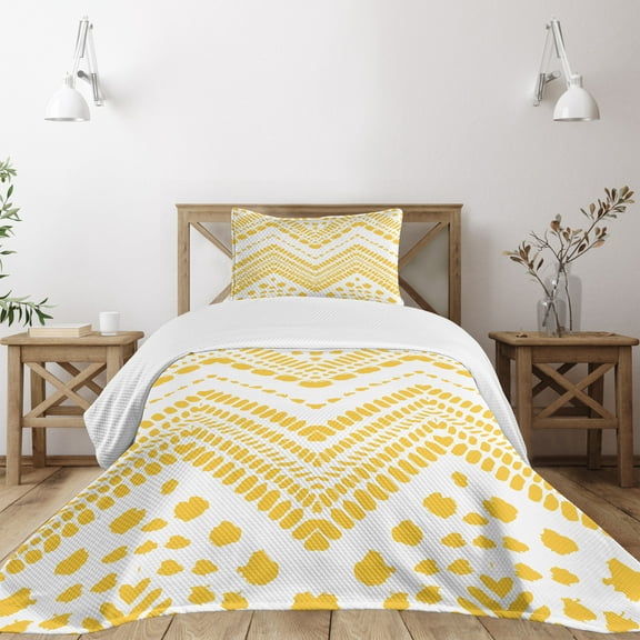 Ambesonne Yellow Chevron Quilted Bedspread Set 2 Pcs, Colorful Folk Zigzag, Twin Size, Mustard White