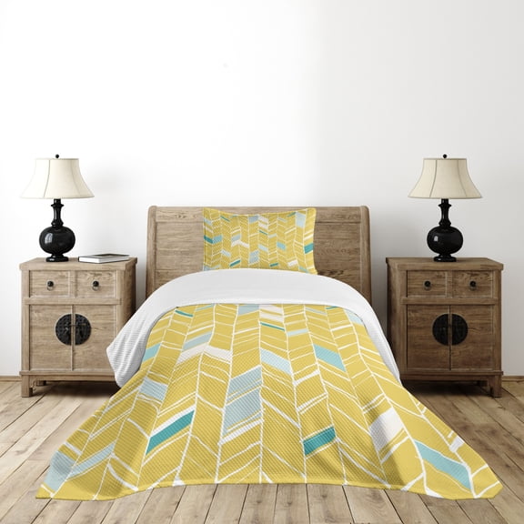 Ambesonne Yellow Chevron Quilted Bedspread Set 2 Pcs, Herringbone Art, Twin Size, Pale Blue Mustard