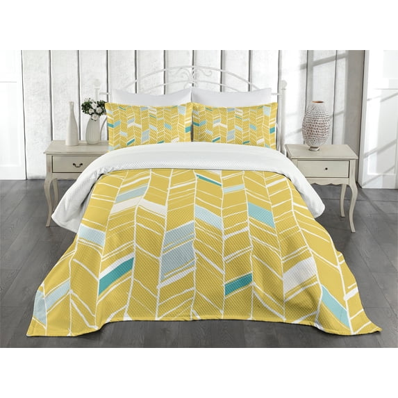 Ambesonne Yellow Chevron Quilted Bedspread Set 3 Pcs, Herringbone Art, Queen Size, Pale Blue Mustard