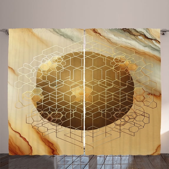 Ambesonne Yellow Curtains 2 Panel Set, Futurist Cubes Earthy Print, 108" x 108", Dark Mustard Pale Coffee