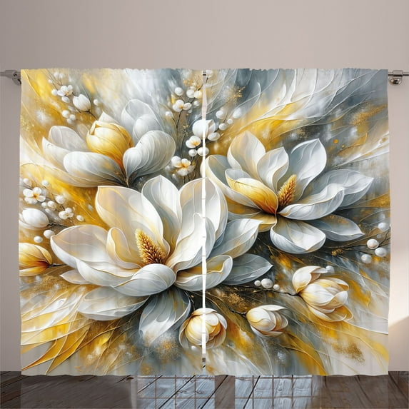 Ambesonne Yellow Curtains 2 Panel Set, Modern Magnolia Flowers Art, 108" x 108", Pale Orange Blue Grey