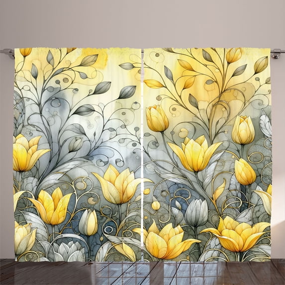 Ambesonne Yellow Curtains 2 Panel Set, Nostalgia Feel Tulips Leaves, 108" x 108", Purpleblue Mustard Grey