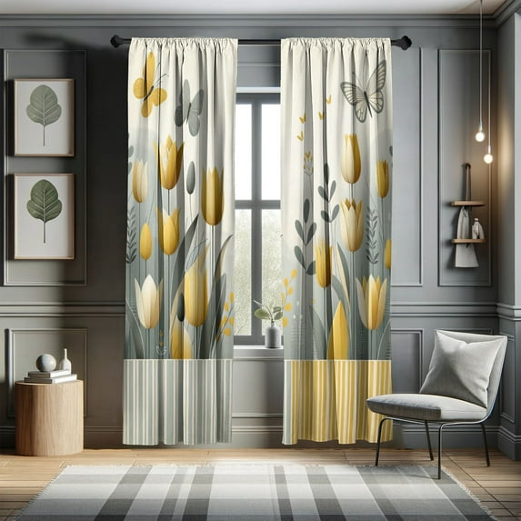 Ambesonne Yellow Curtains, Modern Scandi Garden Scene, Pair of 28"x63", Apricot Purpleblue Beige