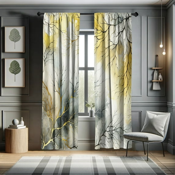 Ambesonne Yellow Curtains, Watercolor Look Back Branch, Pair of 28"x84", Mustard Blue Grey Khaki