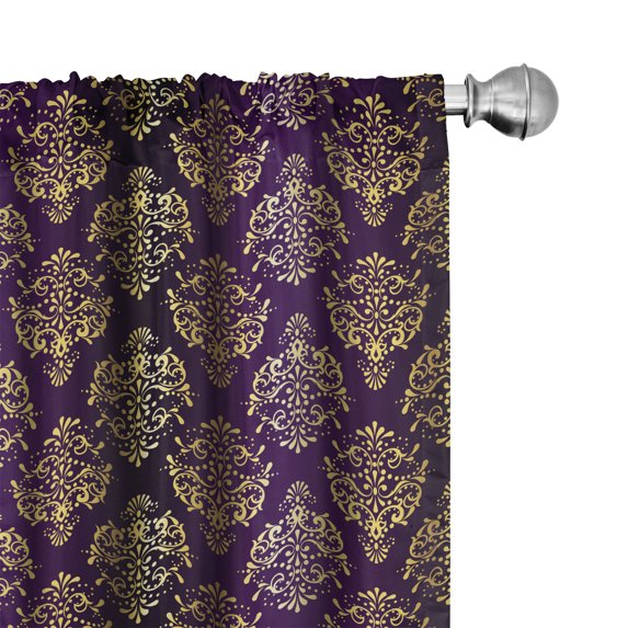 Ambesonne Yellow Damask Window Curtains, Oriental Leaf Dot, Each 28" W x 95" L, Dark Purple and Yellow