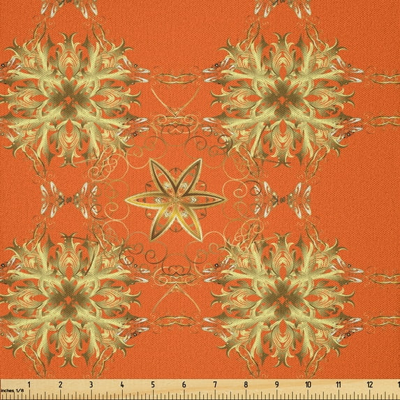 Ambesonne Yellow Damask Fabric by the Yard Microfiber, Eastern Abstract, 1 Yard, Orange Sepia and Yellow