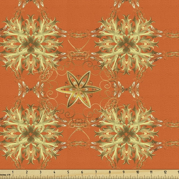 Ambesonne Yellow Damask Fabric by the Yard Upholstery, Eastern Abstract, 1 Yard, Orange Sepia and Yellow