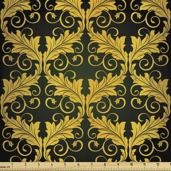 Ambesonne Yellow Damask Fabric by the Yard Upholstery, Wave Shape Leaves, 1 Yard, Dark Green Yellow